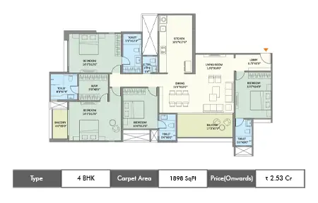 Saniket WYCE Exclucity 4 BHK floor plan, 1898 sq ft carpet area