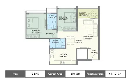 Saniket WYCE Exclucity 2 BHK floor plan, 810 sq ft carpet area