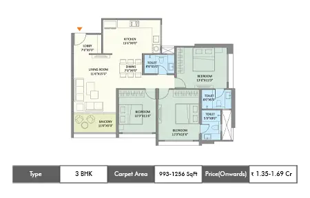 Saniket WYCE Exclucity 3 BHK floor plan, 993 sq ft carpet area